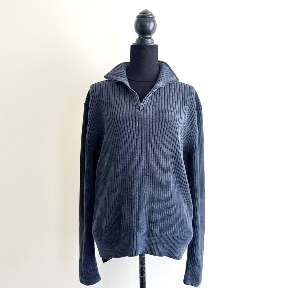 Men’s 90s Vintage Express Ribbed Knit Quarter Zip Sweater Navy Large casual